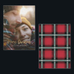 god jul Red-foto helgdag Anteckningskort<br><div class="desc">budgeteffektskript för snyggt av Guld med  god jul med koordinering av rutmönster för röda kontroller och grönt. Utrymme för en enda fotodesign. Ett modernt tag på en traditionell julklapp.</div>