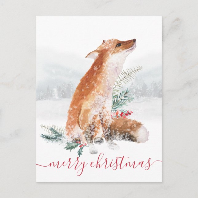 God jul Red Fox Winter Woodland Helgdag Vykort (Framsida)