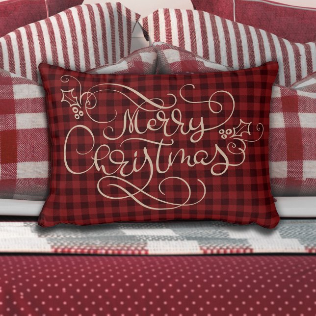 God jul Red Gingham Tan Script Typography Prydnadskudde (Skapare uppladdad)
