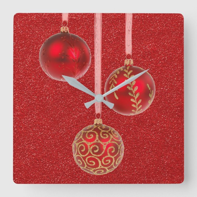 God jul Red Glitter Baubles Elegant Fyrkantig Klocka (Framsida)