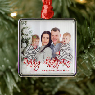 God jul Red Glitter Script Anpassningsbar Photo Julgransprydnad Metall