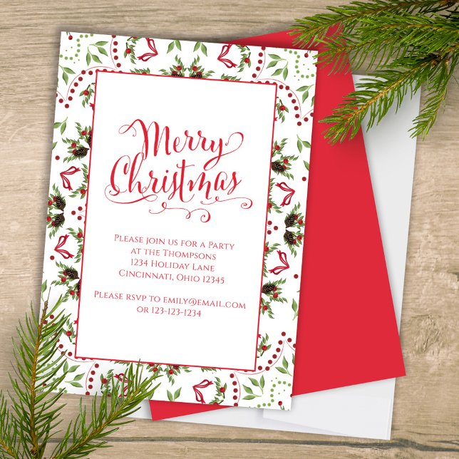 God jul Red Grönt Pinecone Mönster Party Inbjudningar (Merry Christmas holiday party invitation with whimsical calligraphy script. )