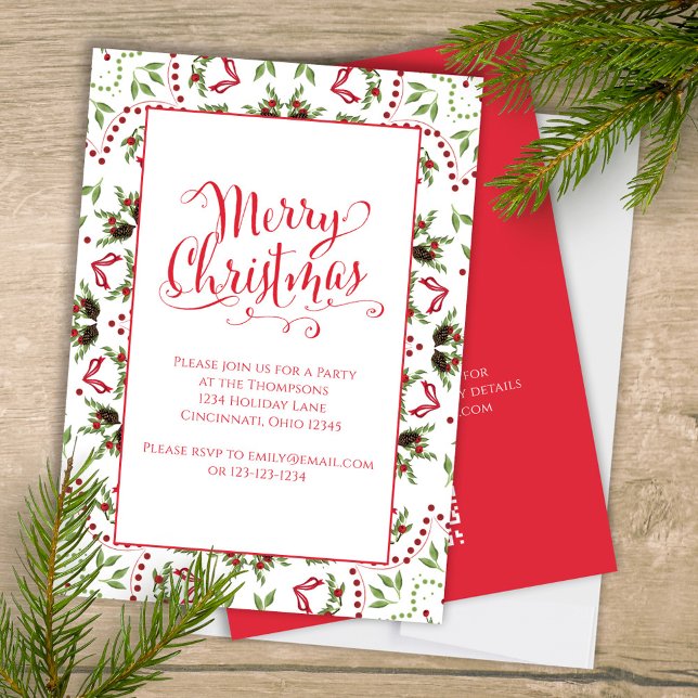 God jul Red Grönt Pinecone Party QR-kod Inbjudningar (Merry Christmas holiday party invitation with whimsical calligraphy script. )
