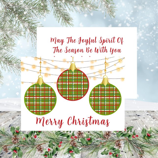 God jul Red Grönt Play Ornament Helgdag Julkort (Merry Christmas Trio Plaid Ornaments Holiday Card)