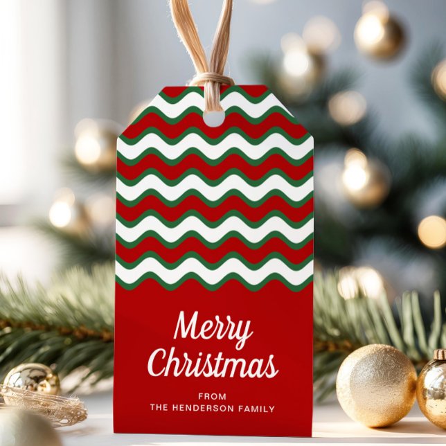 God jul Red Grönt Rand Presentetikett (Modern Merry Christmas Red Green Stripes Gift Tags)