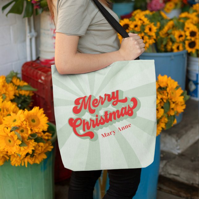 God jul Red Grönt Retro Calligraphy-skript Tygkasse (Merry Christmas retro style red and green tote bag)