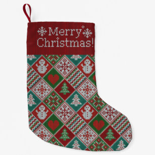God jul Red Grönt White Faux Sticka Mönster Liten Julstrumpa