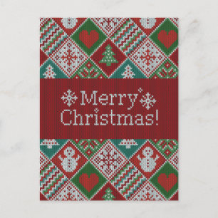 God jul Red Grönt White Faux Sticka Mönster Vykort