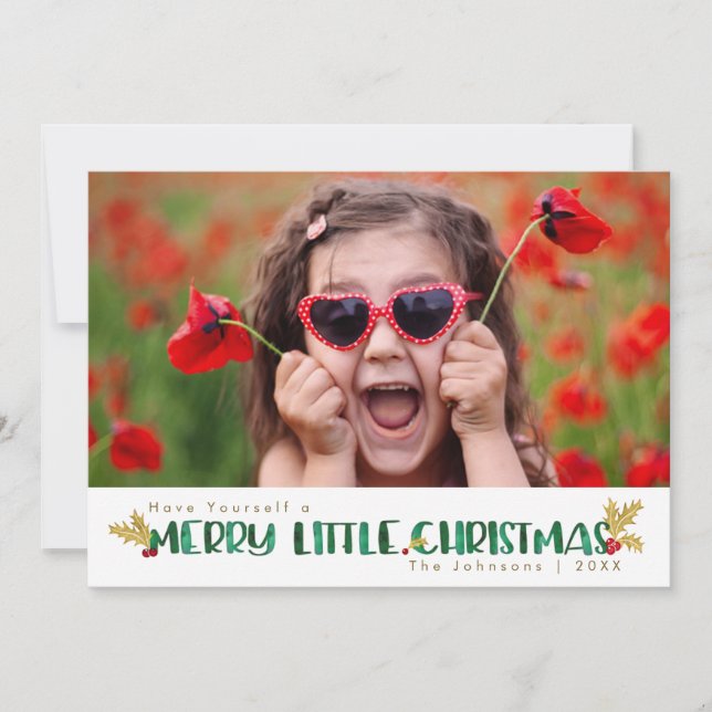 God jul Red & Guld Holly Watercolor Julkort (Framsida)