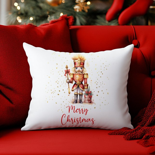 God jul Red Guld Nutcracker Kudde (Merry Christmas Red Gold Nutcracker Throw Pillow)
