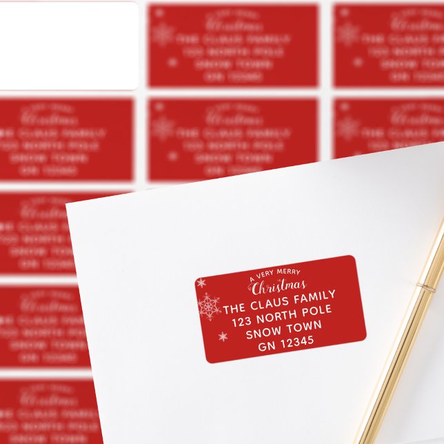 God jul Red Helgdag Returetiketters Adressetikett (A classic red and white Christmas Address Label with elegant snowflakes. Just add your details)