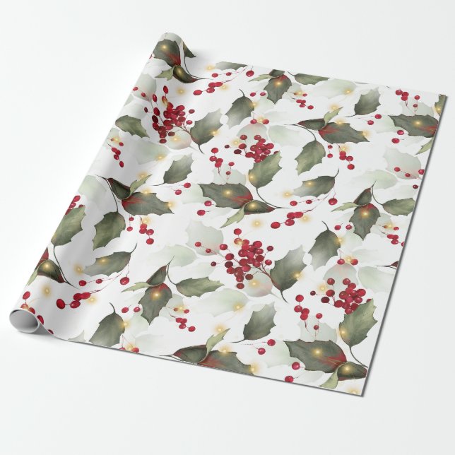 God jul Red Holly Berries Guld Ljus Presentpapper (Utrullad)