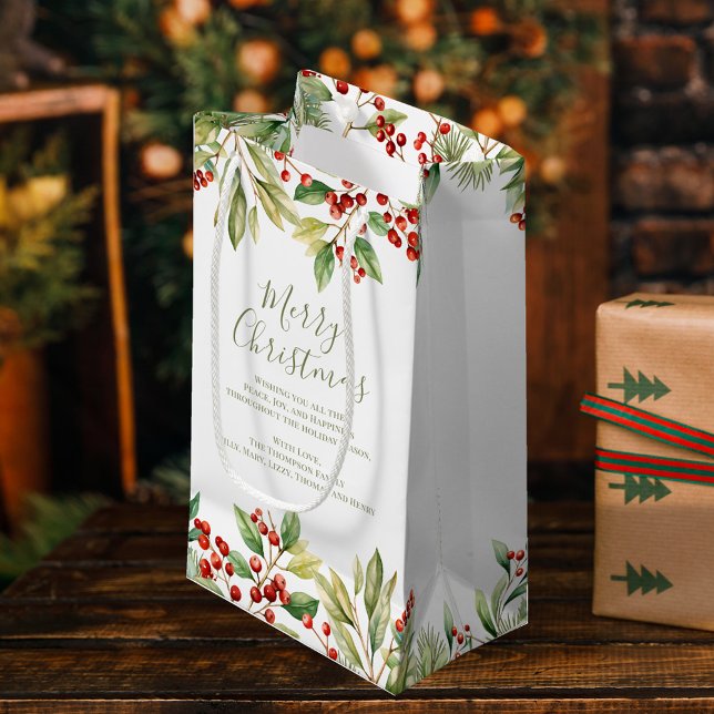 God jul Red Holly Greenery Anpassningsbar (Red holly and greenery Merry Christmas custom gift bag - Small)