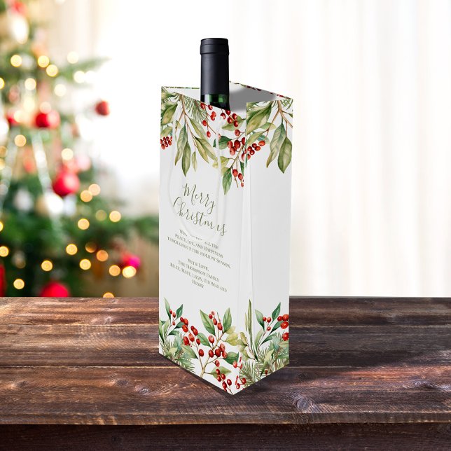 God jul Red Holly Greenery Anpassningsbar (Merry Christmas red holly and greenery wine gift bag)