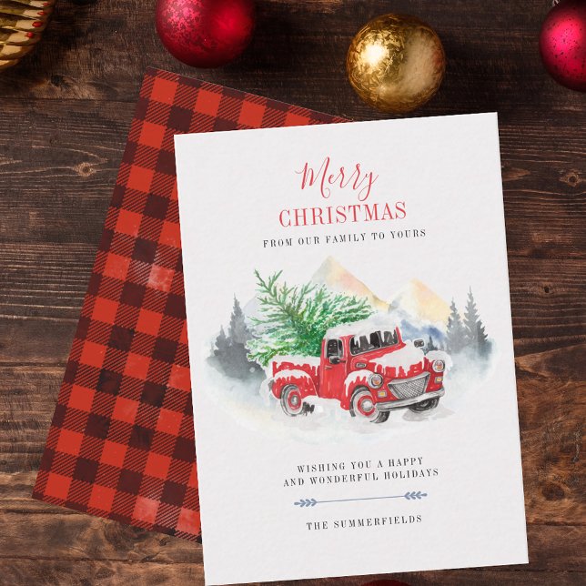 God jul Red Lastbil Buffalo-familjekort Anteckningskort (Merry Christmas Red Truck Plaid Rustic Red Black Holiday Greetings)