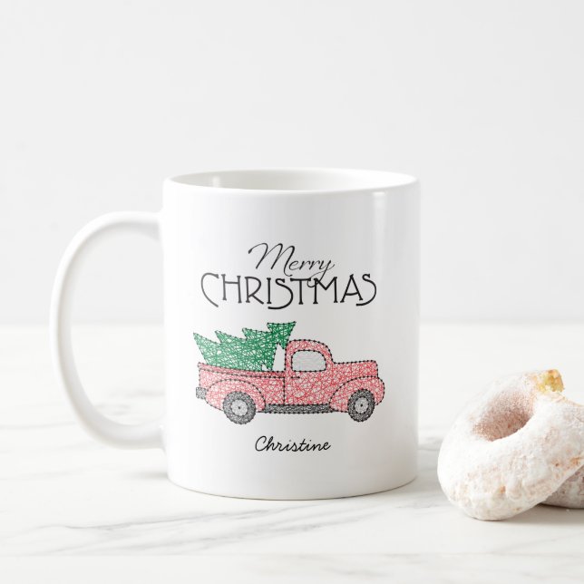 god jul Red Lastbil Grönt Träd med Namn Kaffemugg (Med munk)