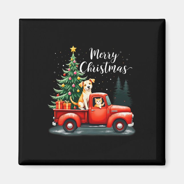 God jul Red Lastbil med Hund&amp; katt Julafton Magnet (Framsidan)