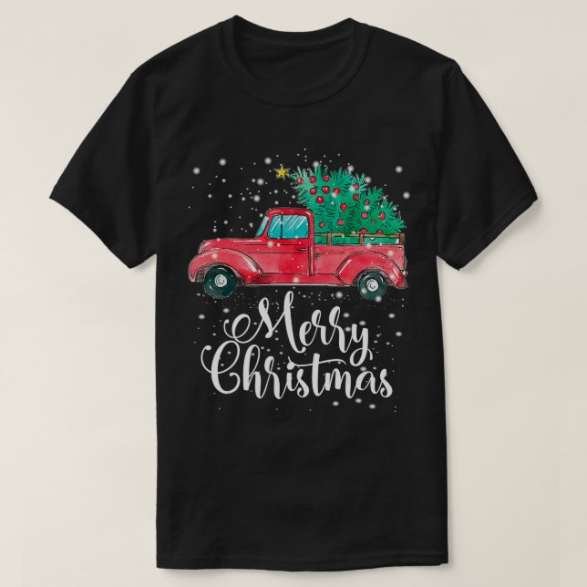 God jul Red Lastbil Plocka Up Träd Family Paja T Shirt (Design framsida)