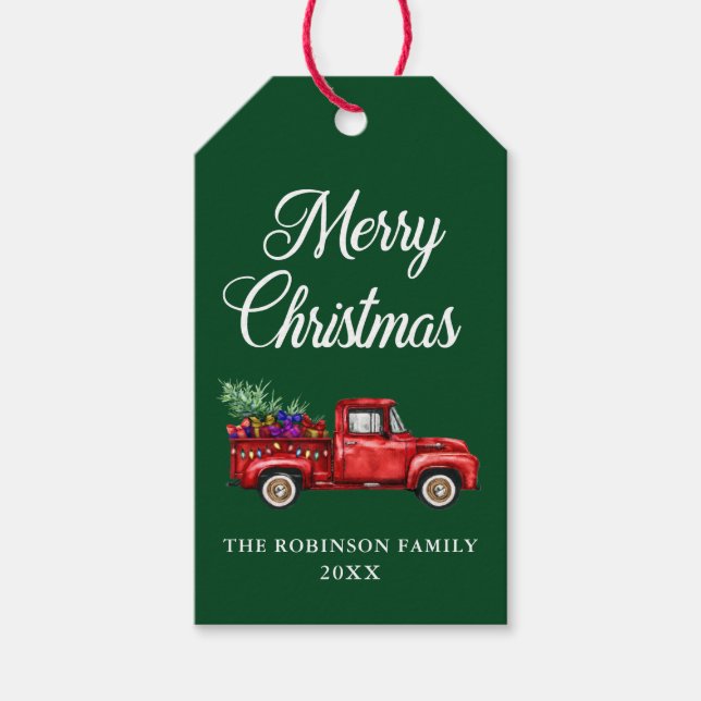 God jul Red Lastbil Träd presenterar Ljus Grönt Presentetikett (Framsidan)