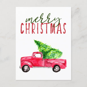 God jul Red Lastbil Träd Watercolor Simple Helg Vykort