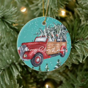 God jul Red Lastbil Winter Snowfall Julgransprydnad Keramik