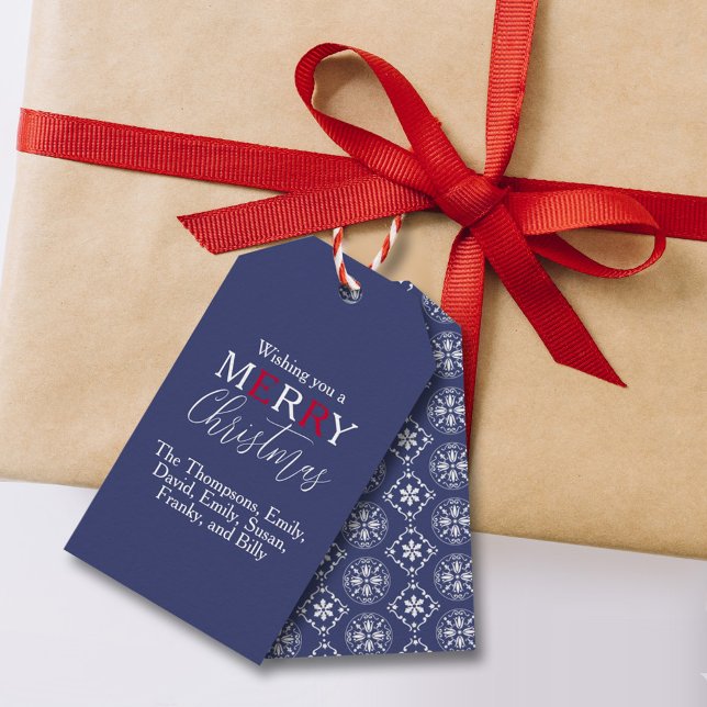 God jul Red Navy Blue Simple Snowflake Presentetikett (Skapare uppladdad)