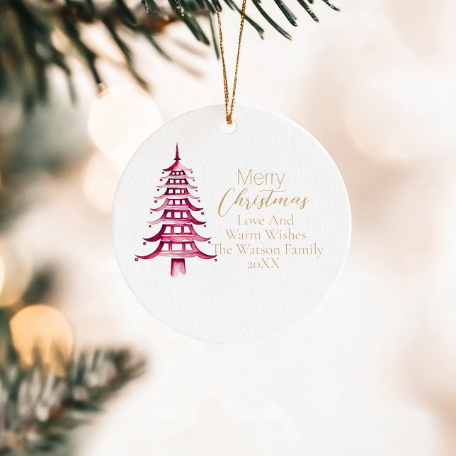 God jul Red Pagoda Julgran 1-Photo Julgransprydnad Keramik (Merry Christmas Red Pagoda Christmas Tree 1-Photo Ceramic Ornament)