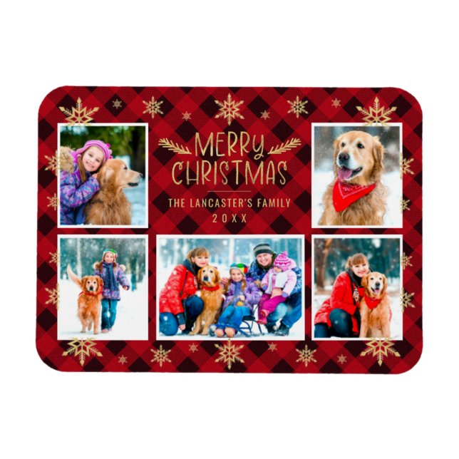 God jul Red Play Guld Snöflingor 5 Photo Magnet (Horisontell)