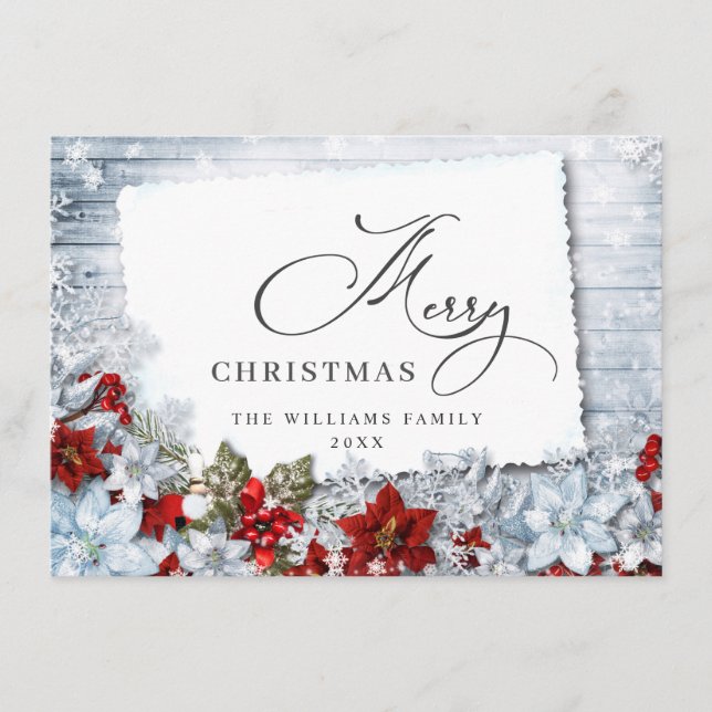 God jul Red Poinsettia Rustic Wood Julkort (Framsida)