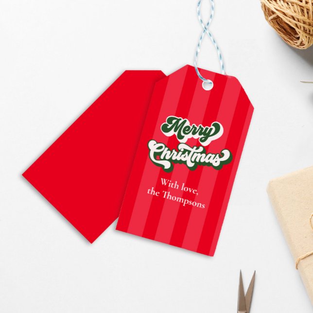 God jul Red Retro Typography Presentetikett (Merry Christmas red and green retro typography script. )