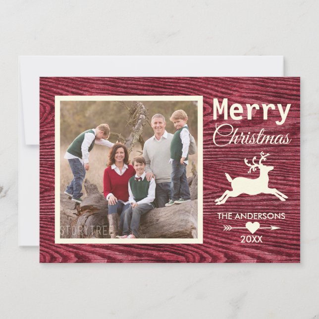 God jul Red Rustic Wood Family Photo Julkort (Framsida)