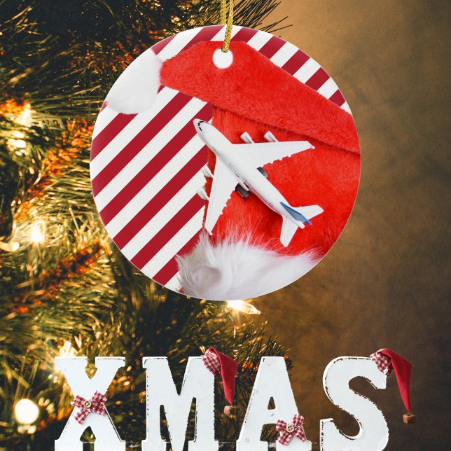 God jul Red Santa Hat & Airplane,Rand Julgransprydnad Keramik (Skapare uppladdad)