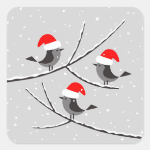 god jul Red Santa Hat Birds Fyrkantigt Klistermärke