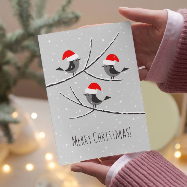 God jul Red Santa Hat Birds Julkort (Skapare uppladdad)