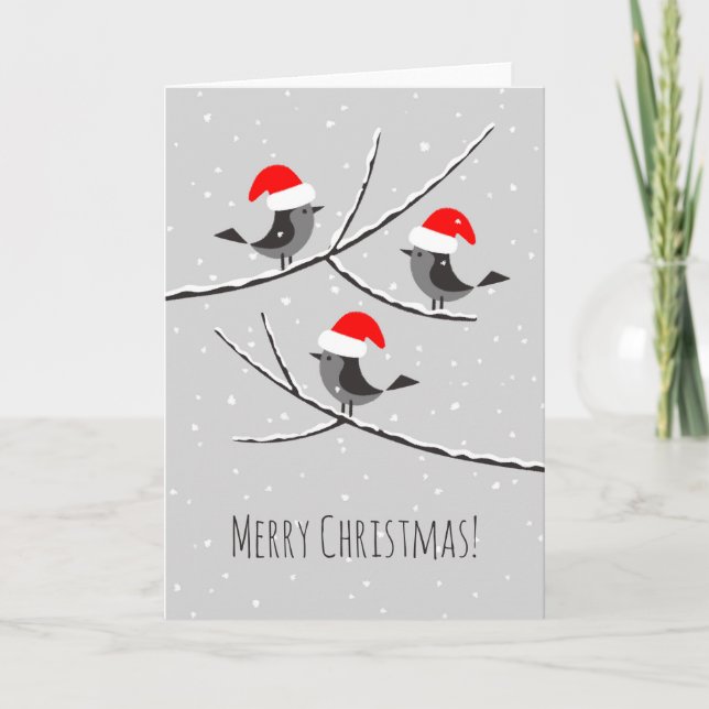 God jul Red Santa Hat Birds Kort (Framsida)
