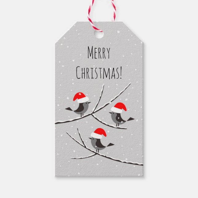 God jul Red Santa Hat Birds Snö Gift Märkres Presentetikett (Framsidan)