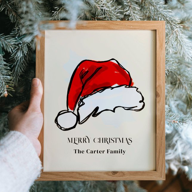 God jul Red Santa Hat Family Namn Keepsaké Poster (Santa hat Christmas holiday sketch illustration personalized art print poster.)