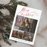 God jul Red Script 3 Photo Collage Julkort<br><div class="desc">God jul Red Script 3 Photo Collage med elegant handskriven typografi och 3 foton framtill. Baksidan har ett enda foto. Klicka på knappen Redigera om du vill anpassa designen.</div>