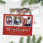 God jul Red Script Photo Collage Julkort<br><div class="desc">Den här designen har ett fotokort i God jul,  med fotokollage,  en elegant,  rött,  vattenfärgat fotokort,  skripttypografi,  kalligrafi,  enkel minimalism,  minsta möjliga helgdag-fotokort.</div>