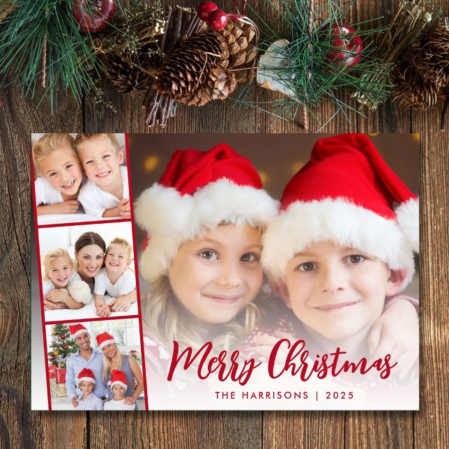 God jul Red Script Photo Overlay Julkort (This holiday season, let your family's smiles and heartwarming memories shine on our 4 photo card)
