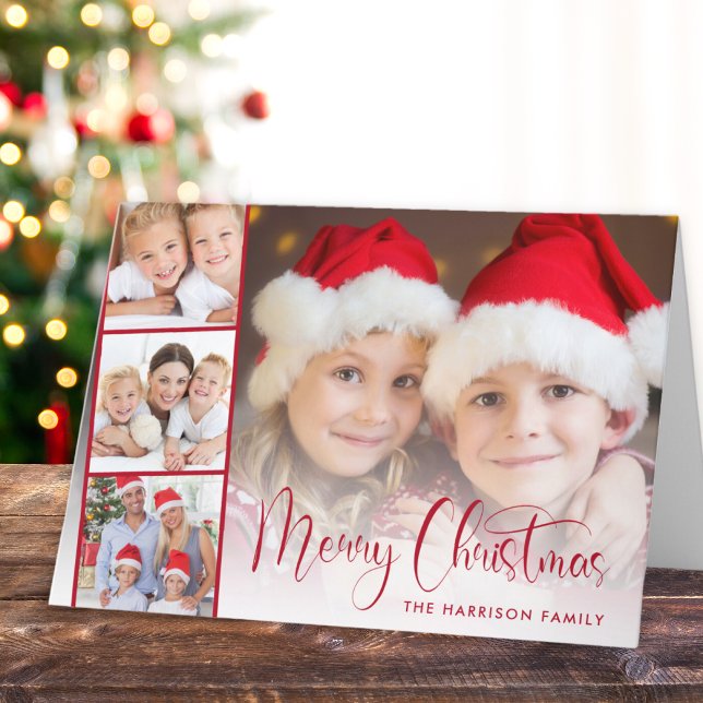 God jul Red Script Photo Strip Helgkort (Share the love and warmth of the season with your personalized photo Christmas card)