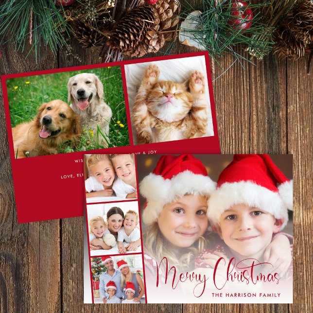 God jul Red Script Photo Strip Julkort (Share the love and warmth of the season with your personalized photo Christmas card)