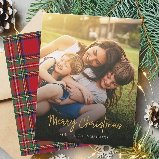 God jul Red Stewart Tartan Family Photo Anteckningskort (Merry Christmas Family Photo Script Plaid Stewart Tartan Card)
