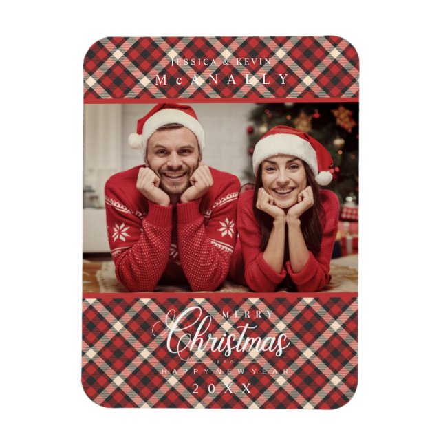 God jul Red Tartan Play Photo Family Magnet (Vertikal)