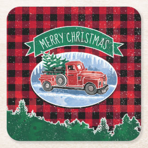 God jul Red Vintage Lastbil Buffalo Pached Underlägg Papper Kvadrat
