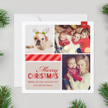 God jul Red Vintage Photo Collage Julkort<br><div class="desc">Skicka julhälsning till familj och vänner med det här helt enkelt kvadratiska helgdag i chicen. Festive stripe-kort innehåller tre fotolytor som visar dina favoritfoton.</div>