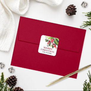 God jul Red Watercolor Greenery Monogram Fyrkantigt Klistermärke