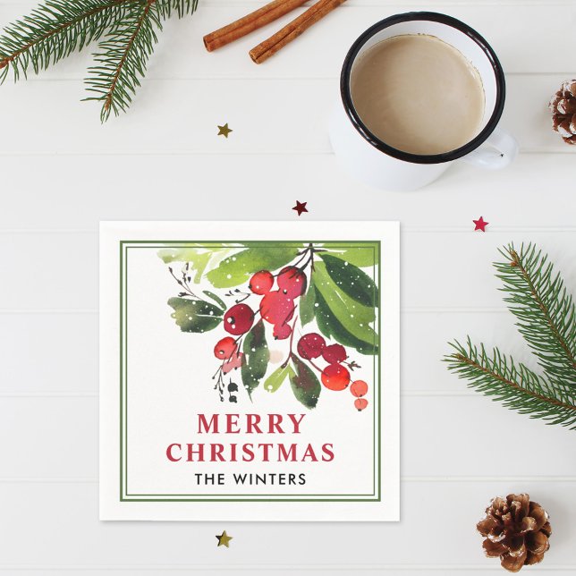 God jul Red Watercolor Greenery Monogram Pappersservett (Skapare uppladdad)