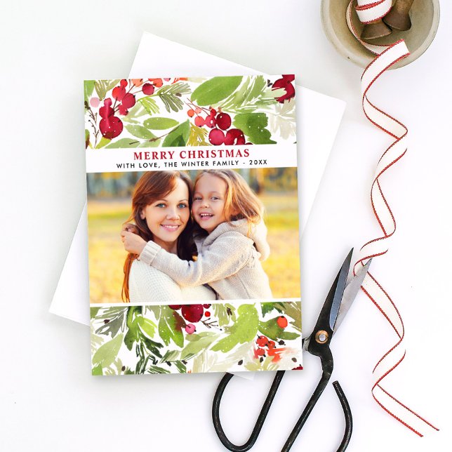 God jul Red Watercolor Greenery Photo Julkort (Skapare uppladdad)