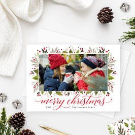 God jul Red Watercolor Greenery Photo Julkort